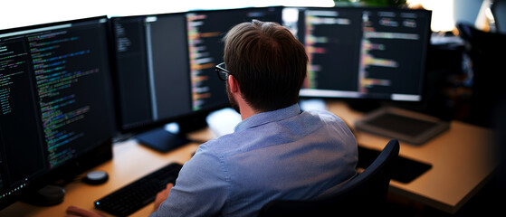 Software development in a modern office multiple monitors setup coding environment professional workspace focused perspective technology innovation