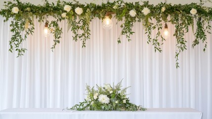 Fototapeta premium A white table with a green and white floral arrangement on it