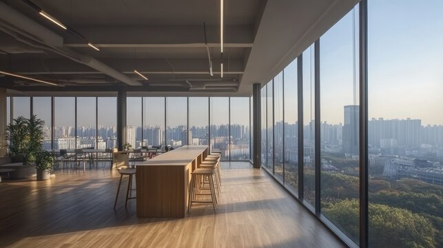 Modern office with city view, wood floor, large windows, and communal table.