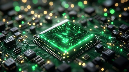 Fototapeta premium Abstract digital background with green data, computer chips and high-speed lines. Futuristic technology illustration.