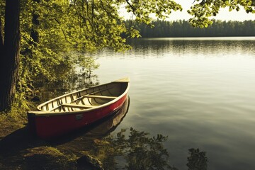 Obraz premium Tranquil canoe on serene lake surrounded by lush forest
