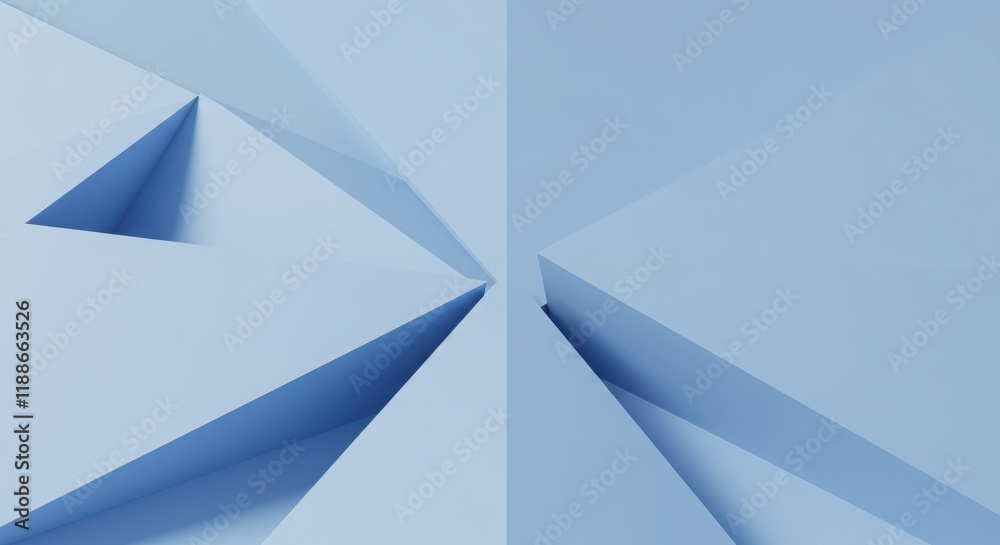 Poster Minimalistic blue geometric 3d shapes with overlapping triangular layers and clean texture