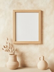 Stylish and modern scandinavian style  room interior with empty wooden picture photo frame mockup blank paper with copy space. 