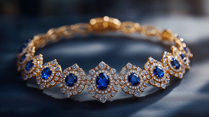 A gold necklace with sapphire and diamond pendants, professional product photography, detailed and intricate design, exquisite craftsmanship, a luxurious jewelry collection, studio lighting.