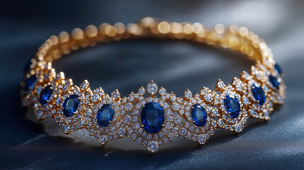 A gold necklace with sapphire and diamond pendants, professional product photography, detailed and intricate design, exquisite craftsmanship, a luxurious jewelry collection, studio lighting.