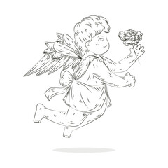 Cute Cupid Wear a Flower wreath Illustration, engraving, vintage, retro style