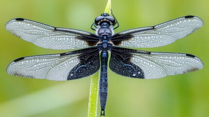 Stunning close-up of a dragonfly perched delicately on a green leaf, showcasing its intricate wing patterns and iridescent colors against a soft blurred background.