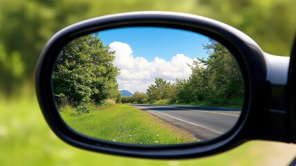 Reflective car side mirror capturing scenic road view nature background closeup perspective for travel enthusiasts