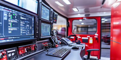 Interior of a high-tech mobile command center with multiple monitors, communication devices, and control panels, designed for emergency response operations.
