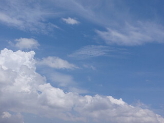 Obraz premium Clouds billow across the brilliant blue summer sky like cotton tufts, billowing, puffy, soft, the sky is bright blue and the clouds are white. The sky during the day has pure white clouds like cotton