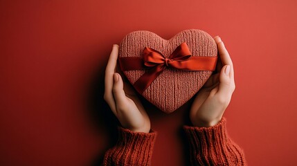 Fototapeta premium Heart-shaped gift in hands on red background.
