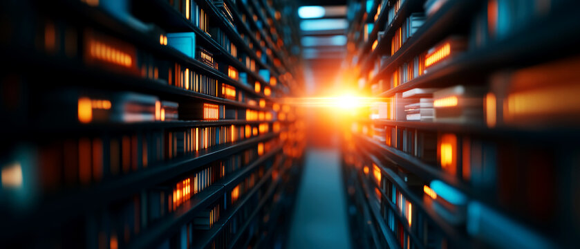 Dramatic sunrise illuminating archive shelves library digital photography urban environment perspective knowledge and discovery