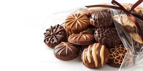 The notion for a joyful cookie package depicting Valentine's Day delicacies encased in chocolate in a cellophane bag with a red ribbon bow knotted over a stark white setting and space, Generative AI.