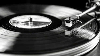 Vinyl record spinning action closeup on turntable in home studio setting capturing the sound experience