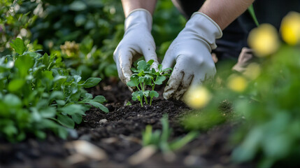 Fototapeta premium Planting a seedling, gardening, weeding, transplanting, agricultural plantation farming 