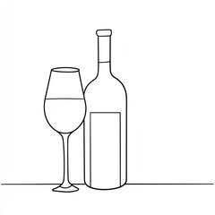 Wine bottle and glass simple line drawing