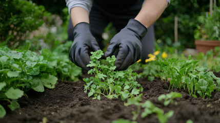 Fototapeta premium Planting a seedling, gardening, weeding, transplanting, agricultural plantation farming 