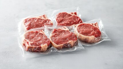 Optimizing Storage for Food Safety and Quality Assurance concept. Vacuum-packed meat cuts on a light background