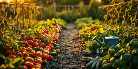 Obraz premium Golden Hour Abundance Ripe Tomatoes, Cucumbers, and Other Garden Vegetables in a Vibrant Summer Garden Setting