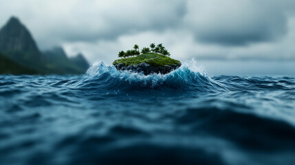 Island surrounded by waves on cloudy day