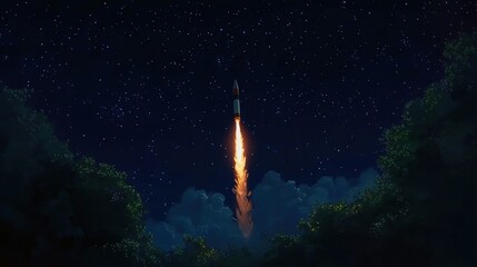 Fototapeta premium Rocket launching at night, fiery trail ascending through dark sky above trees.