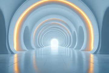 Obraz premium Futuristic white room with arched ceiling, glowing lights, architectural design, large floor extending to horizon, bright light at the end.