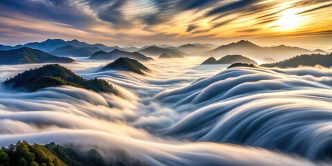 A mesmerizing pattern of swirling clouds and misty mountains, evoking a sense of movement and energy, scenery, swirling, weather, terrain, motion