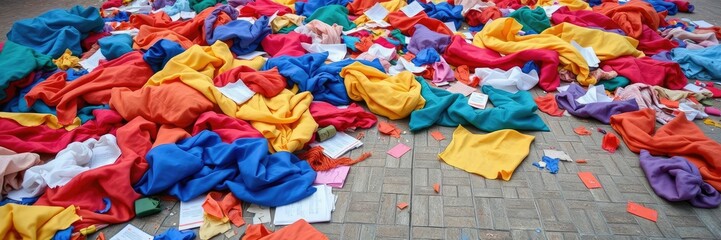 A mess of colorful fabrics scattered on the ground, woven wonder, fabric explosion