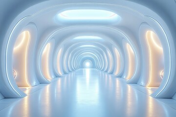 Fototapeta premium Futuristic white room with arched ceiling, glowing lights, architectural design, large floor extending to horizon, bright light at the end.