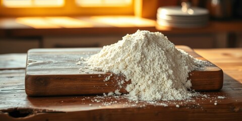 A mound of unbleached flour sits on a rustic wooden cutting board in a sunlit kitchen