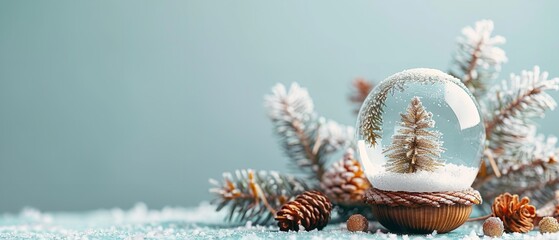 An up-close view of a snow globe within the acorn which is showing a small winter fantasy photo against a light blue backdrop with a large text area, Generative AI.