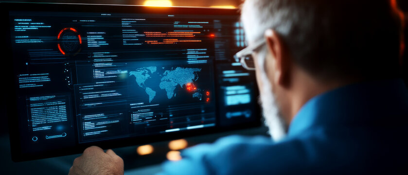 Analyzing cybersecurity threats global cybersecurity center data visualization digital environment close-up view technology impact
