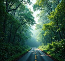 Obraz premium A narrow forest road winding through a sea of green foliage and tree cover, tree cover, ferns, undergrowth