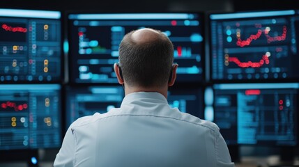 Data analysis in action financial monitoring control room digital dashboards high-tech environment analyst perspective business insights