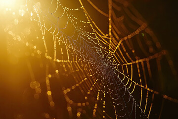 Water droplets on a spider web, glistening in the sunlight