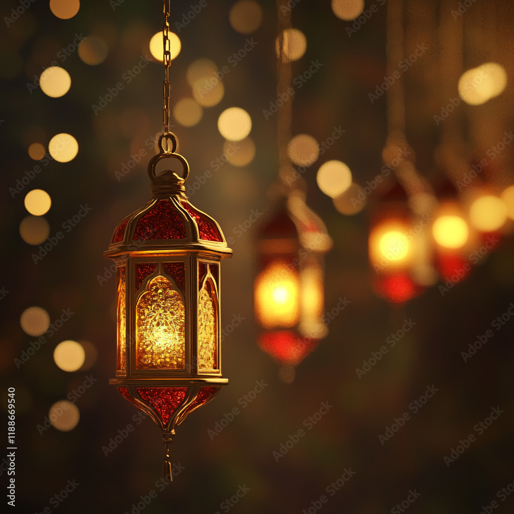 Poster Elegant red and gold lanterns with glowing lights and bokeh background