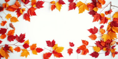 Fototapeta premium Autumnal foliage frame with vibrant red and orange leaves on white background, perfect for seasonal designs and celebrations.