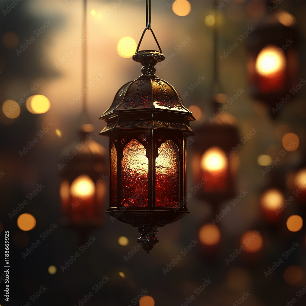Aufkleber red decorative lanterns glowing with warm light and bokeh background
