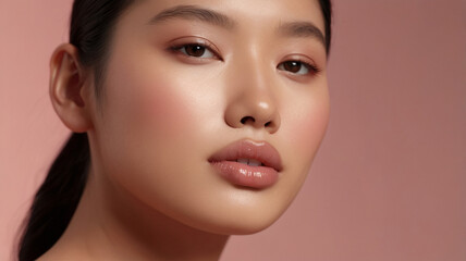 Fototapeta premium Close up of beautiful young Asian female model with neutral pink light make up