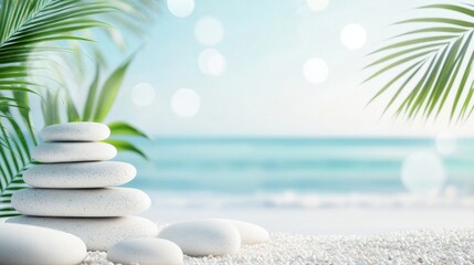 Naklejka na ściany i meble Summer beach setting with white stones and palm leaves, featuring a podium for product display by the blue sea