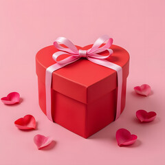 Red heart shaped gift box with pink ribbon and rose petals on pink background for Valentine's Day.