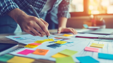 Fototapeta premium A close-up view of a person writing on a document surrounded by colorful sticky notes, engaged in planning and brainstorming activities in a bright, modern workspace.