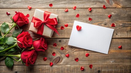 A vintage red rose bouquet with a blank greeting card and a heart-shaped box, perfect for a romantic Valentine's Day gift