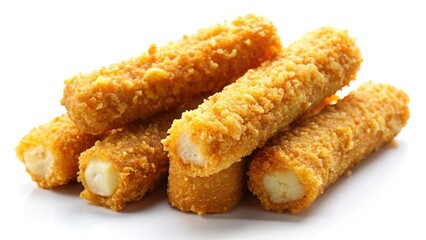 Crispy Golden Mozzarella Sticks Isolated on White Background - Stock Photo