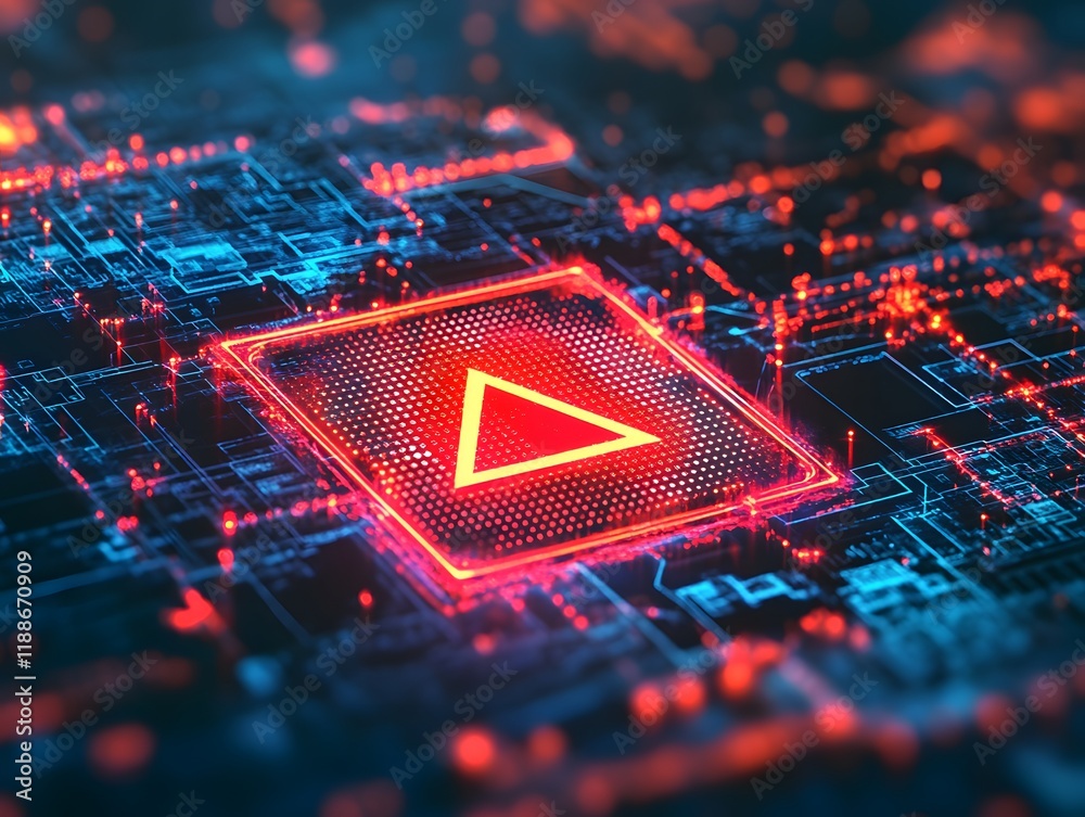 Poster a detailed close-up view of a digital interface featuring a glowing play button against a backdrop o