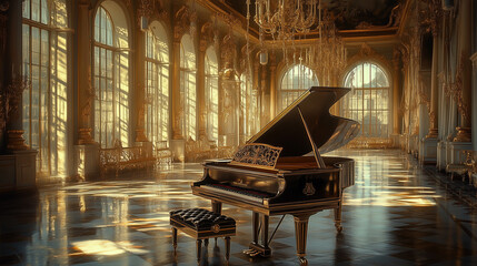 Piano in a luxurious ball room with bells hanging from the ceiling