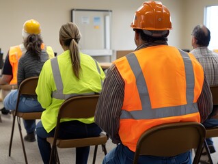 A group of workers participating in a safety training session, dressed in high-visibility vests and helmets, demonstrating the importance of workplace safety and education.