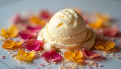 Vanilla ice cream scoop with colorful flower petals