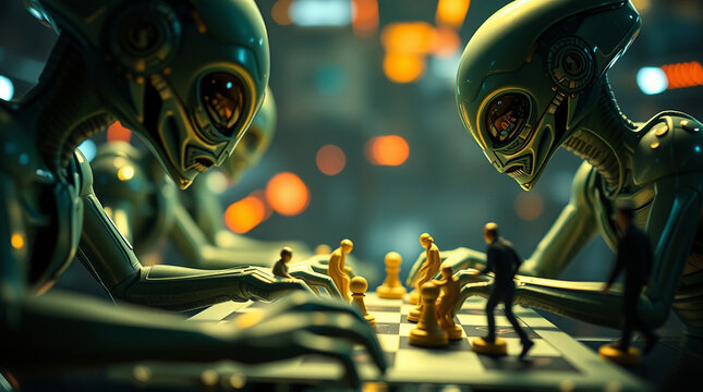 Alien beings engrossed in a game of chess, their large forms looming over the miniature board. A futuristic, dramatic scene.