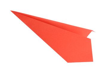 One handmade coral paper plane isolated on white